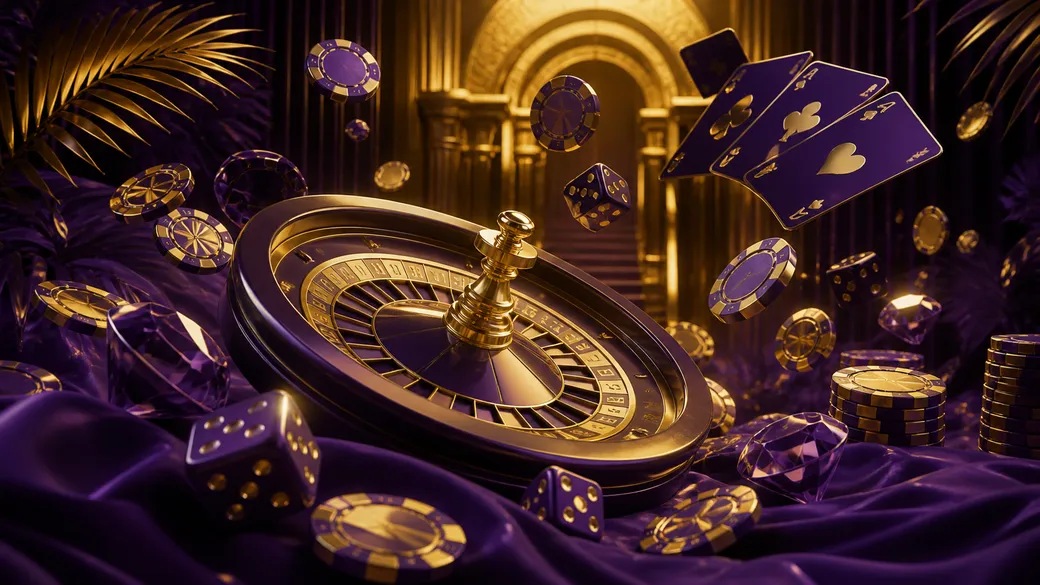 A premium casino banner depicting a dynamic explosion of poker chips, playing cards, and holographic elements in a futuristic