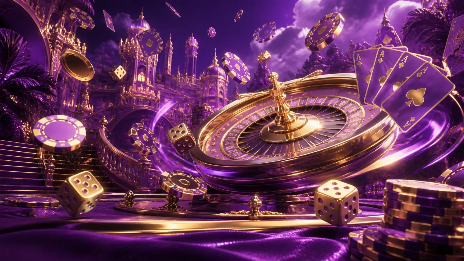 Luxurious casino-themed banner for Wintino with elegant poker chips and glowing dice.